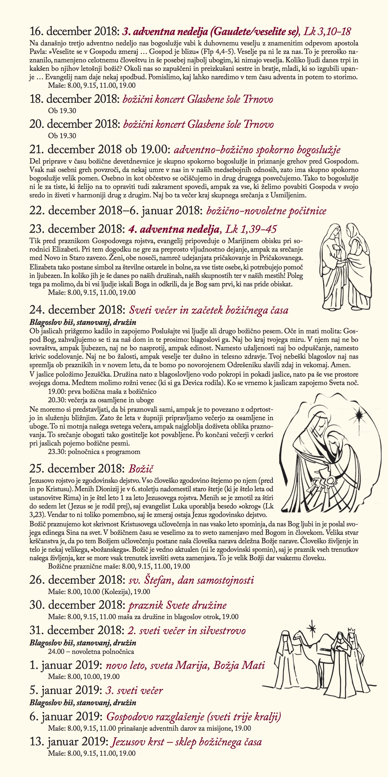 Koledar adventno-božično-novoletnih praznikov 2018