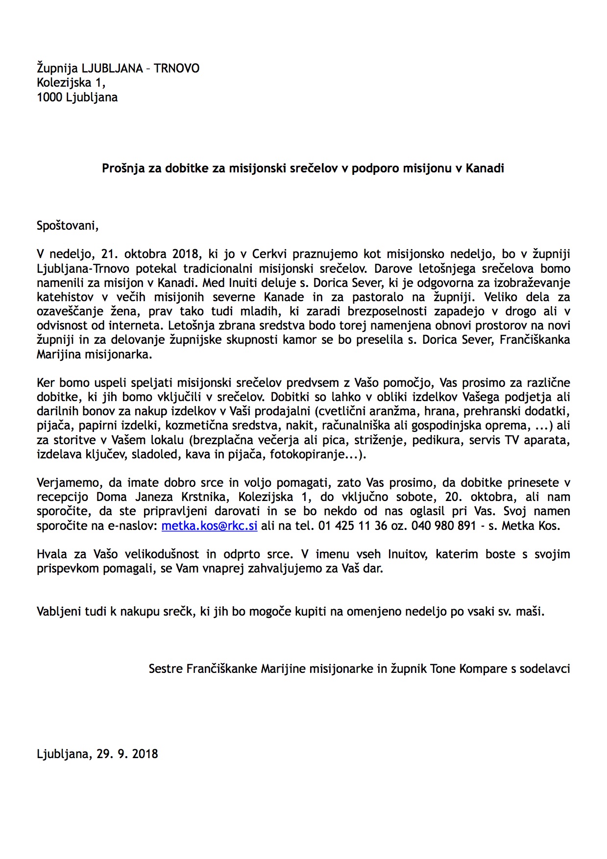 Misijonska nedelja 2018 - Prošnja za Kanado