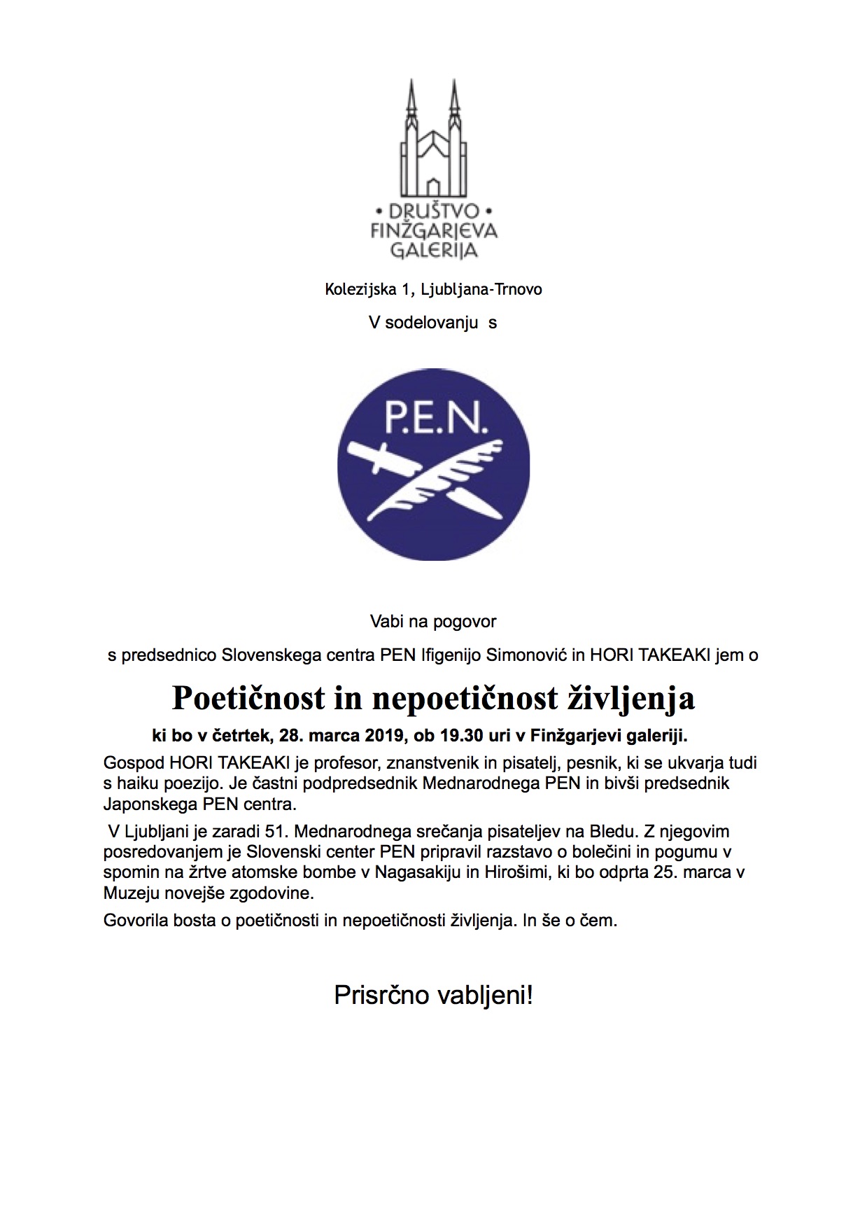 PEN Ifigenijo Simonović in HORI TAKEAKI marec 2019