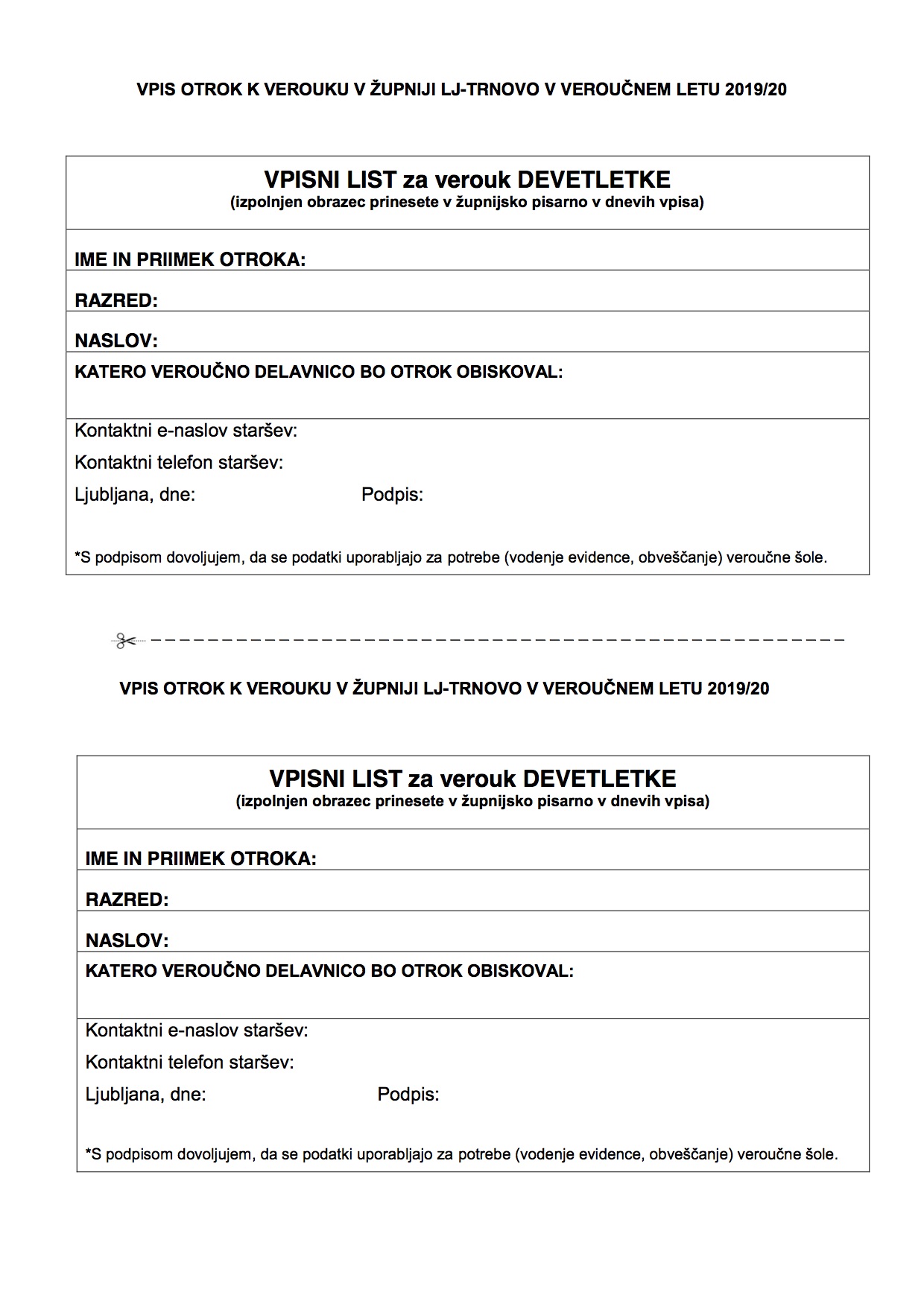 Prijavnica za vpis v Veroučno šolo